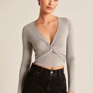 A&F Women's Long-Sleeve Sparkle Twist Top in Grey Shimmer